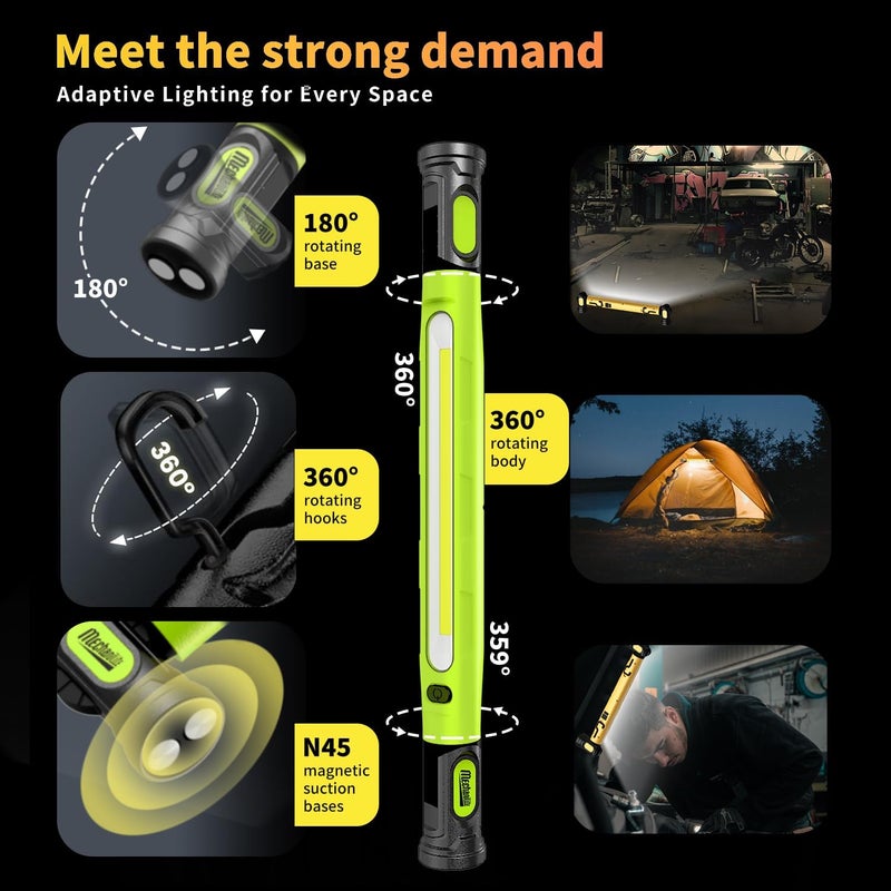 MechaniLite شريط ضوء العمل تحت الغطاء، 3000LM شريط ضوء LED مغناطيسي مع خطافات، 5200mAh ضوء غطاء قابل لإعادة الشحن بدون سلك للميكانيكي/إصلاح السيارات/المرآب - أخضر - Image 4